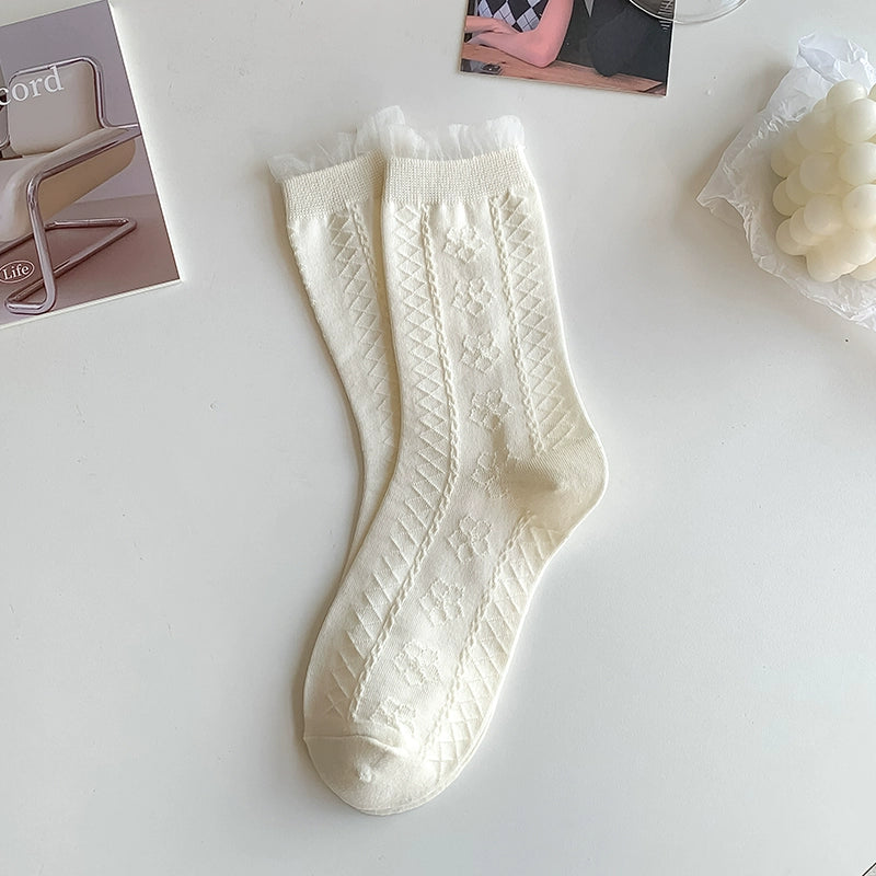 [5 Pairs] Thin Solid Color Japanese Style White Simple to Wear