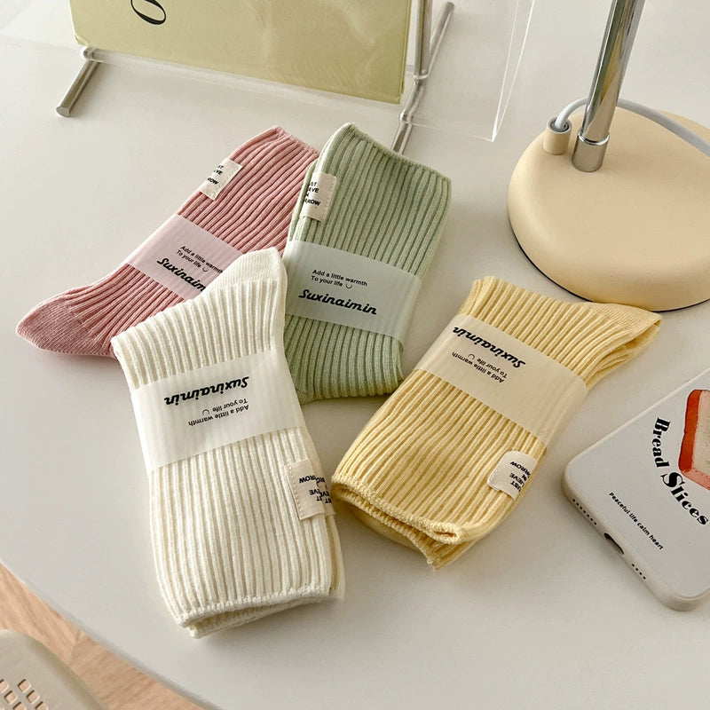 [3 Pairs] Socks Women's Spring and Summer Cotton Double Needle Bunching Socks Japanese Heel Cloth Label Macaron Tube Socks