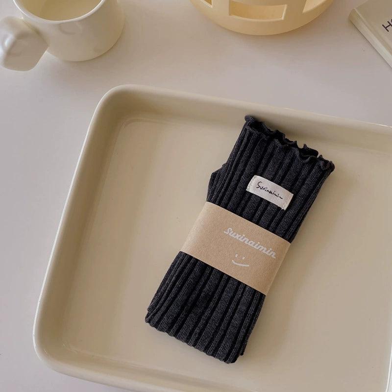 [2 Pairs] Spring and Summer Thin Wooden Ear Double Needle Pile Style Wear Cotton Trendy Mid-Calf