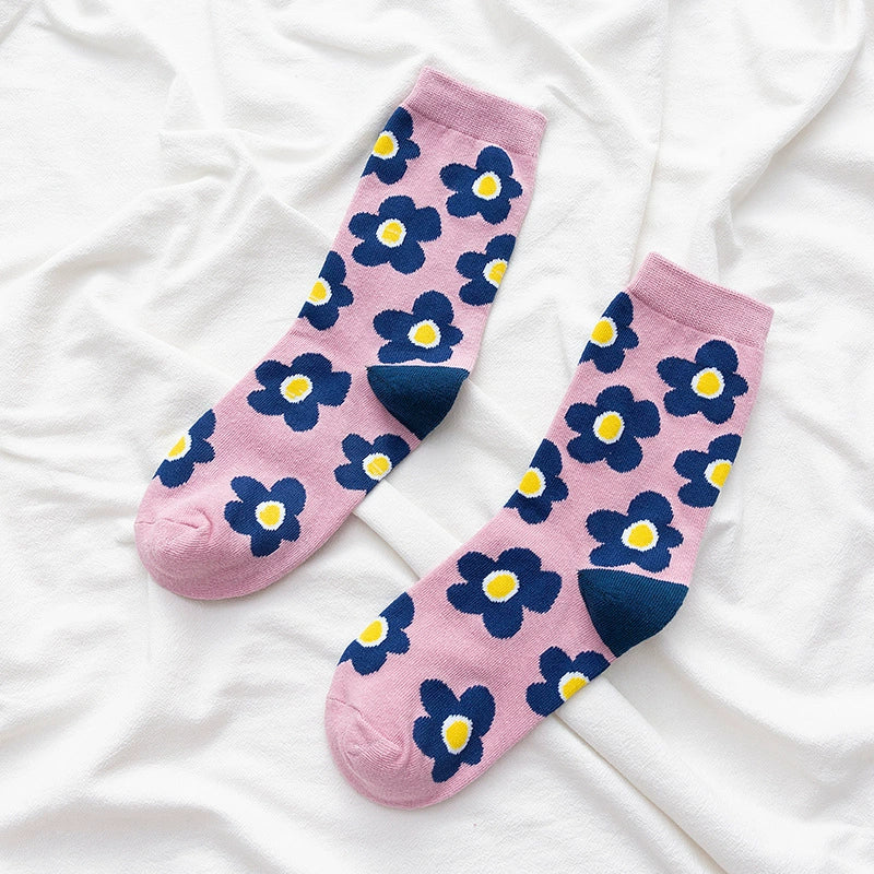 2 Pairs of South Korea Chic Elegant Small Flower Female Japanese Style Mid-Calf Length Socks Retro Trendy Socks Internet Hot Fashionable Pile Sty