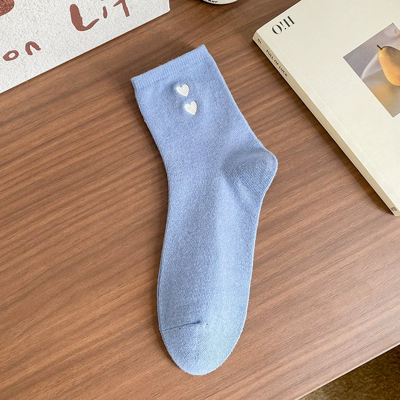 [6 Pairs] Embroidered Double Love Heart Simplicity Wear Spring Summer College Style Cute Goddess Socks