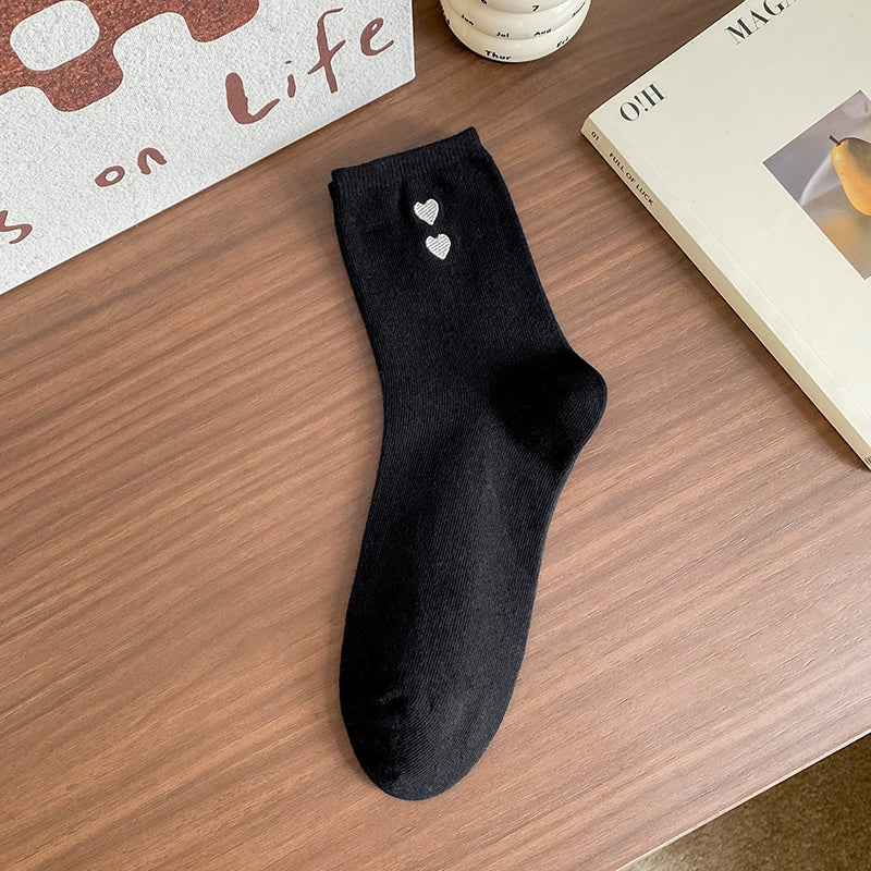 [6 Pairs] Embroidered Double Love Heart Simplicity Wear Spring Summer College Style Cute Goddess Socks