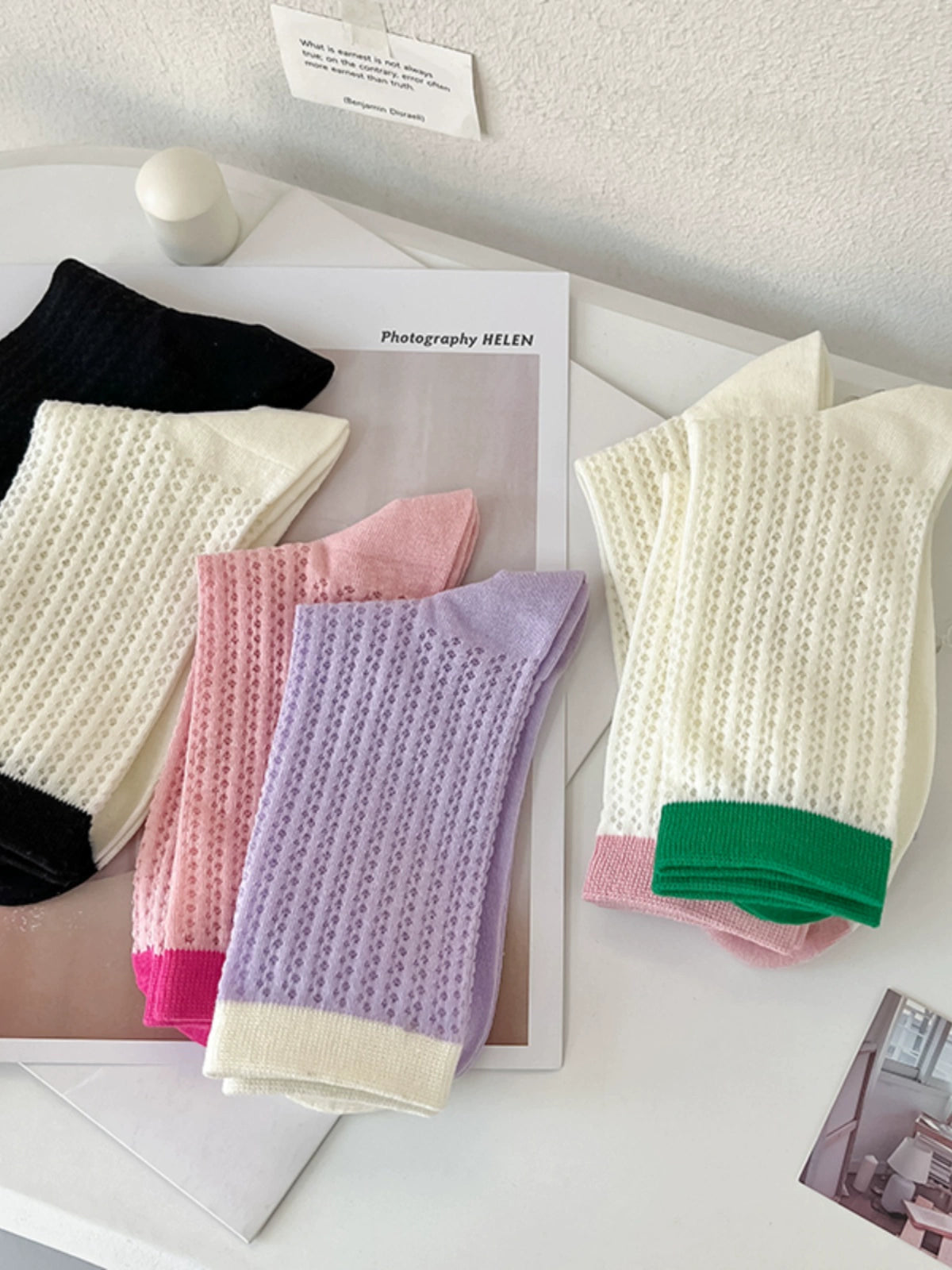 [7 Pairs] Spring and Summer Thin Breathable Hollow Decorative Pure Cotton Mid-Calf with Small White Shoelaces