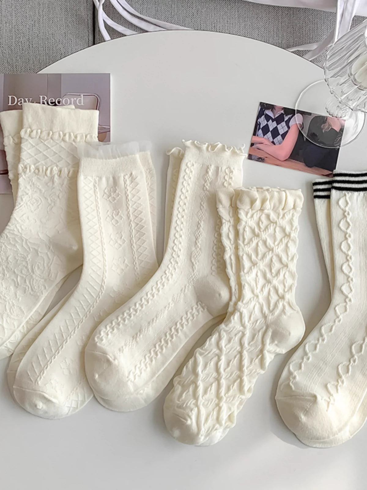 [5 Pairs] Thin Solid Color Japanese Style White Simple to Wear