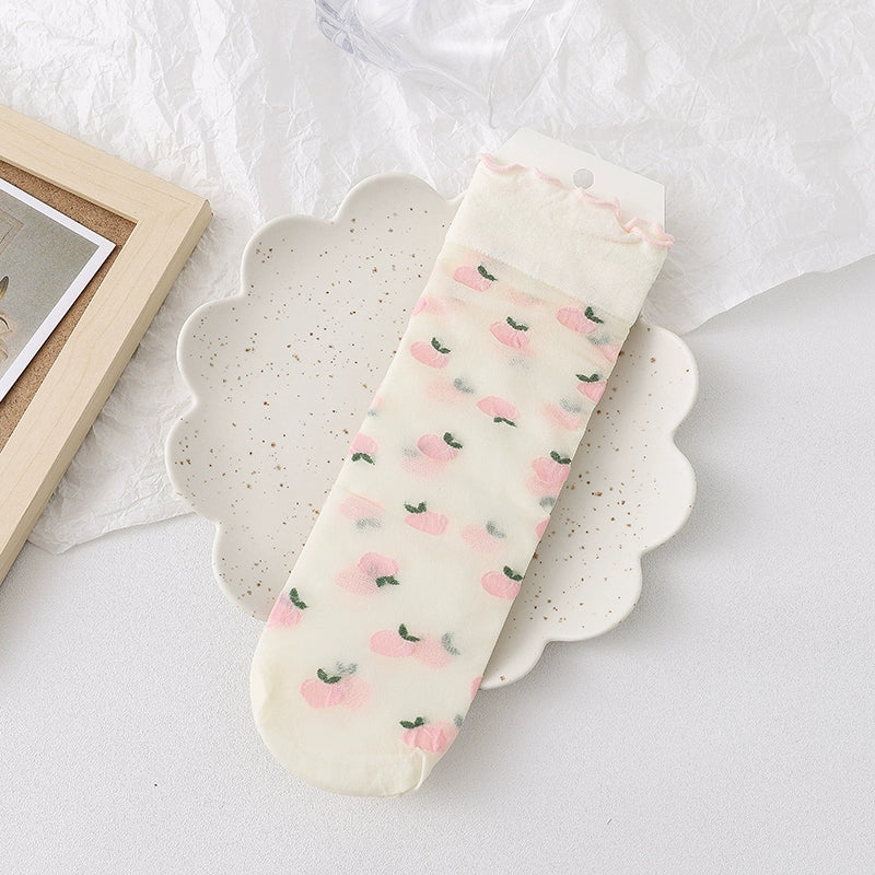 [3 Pairs] Lolita Style Summer Ultra-Thin Silk Fruit Dark Flower White Wear Lace Design