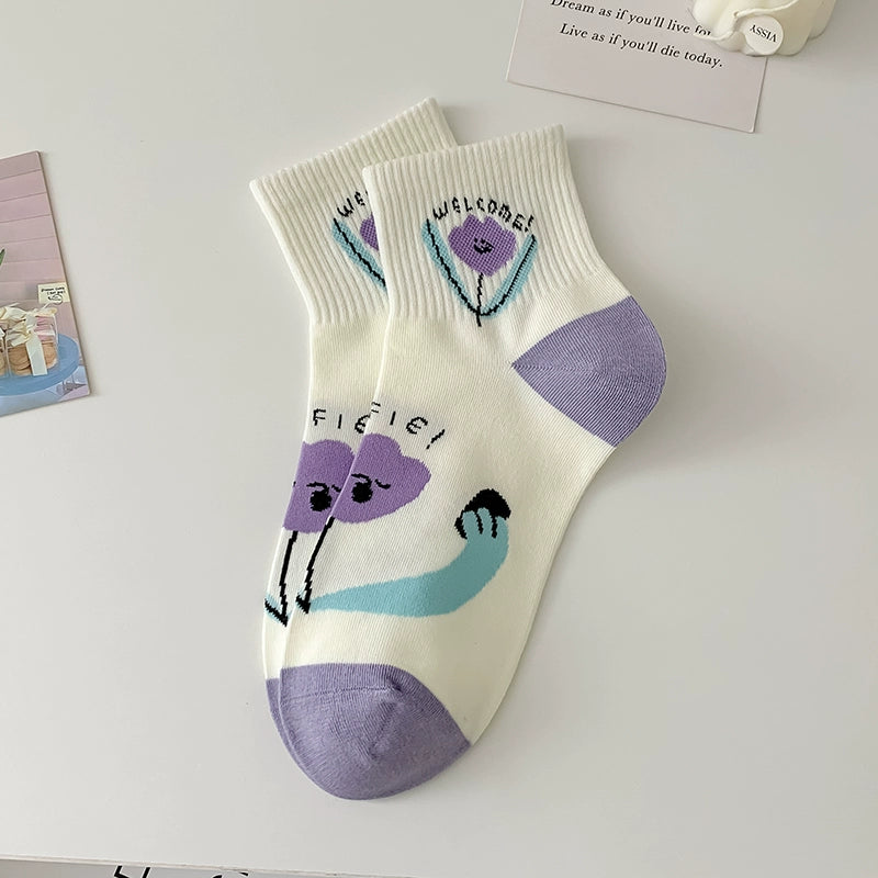 [5 Pairs] Half Waist Design Thin Cotton Summer Purple Refreshing Japanese Wear Socks
