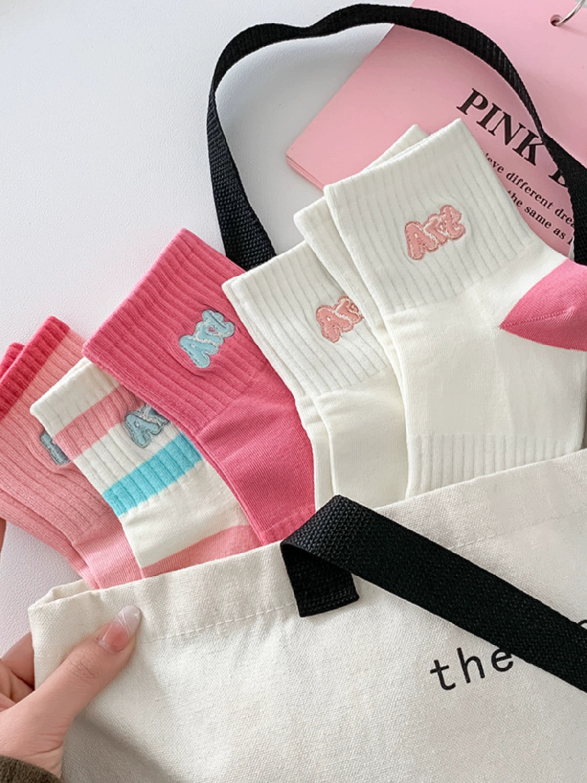 [5 Pairs] Fashion Trend Spring and Summer Thin Breathable Embroidered Pure Cotton Boat Leading Fashion Trend