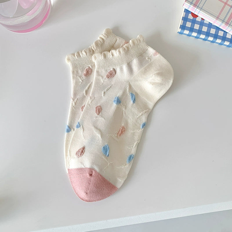 [5 Pairs] Summer Pink Plant Flower Boat Socks with White Shoes Students' Favorite