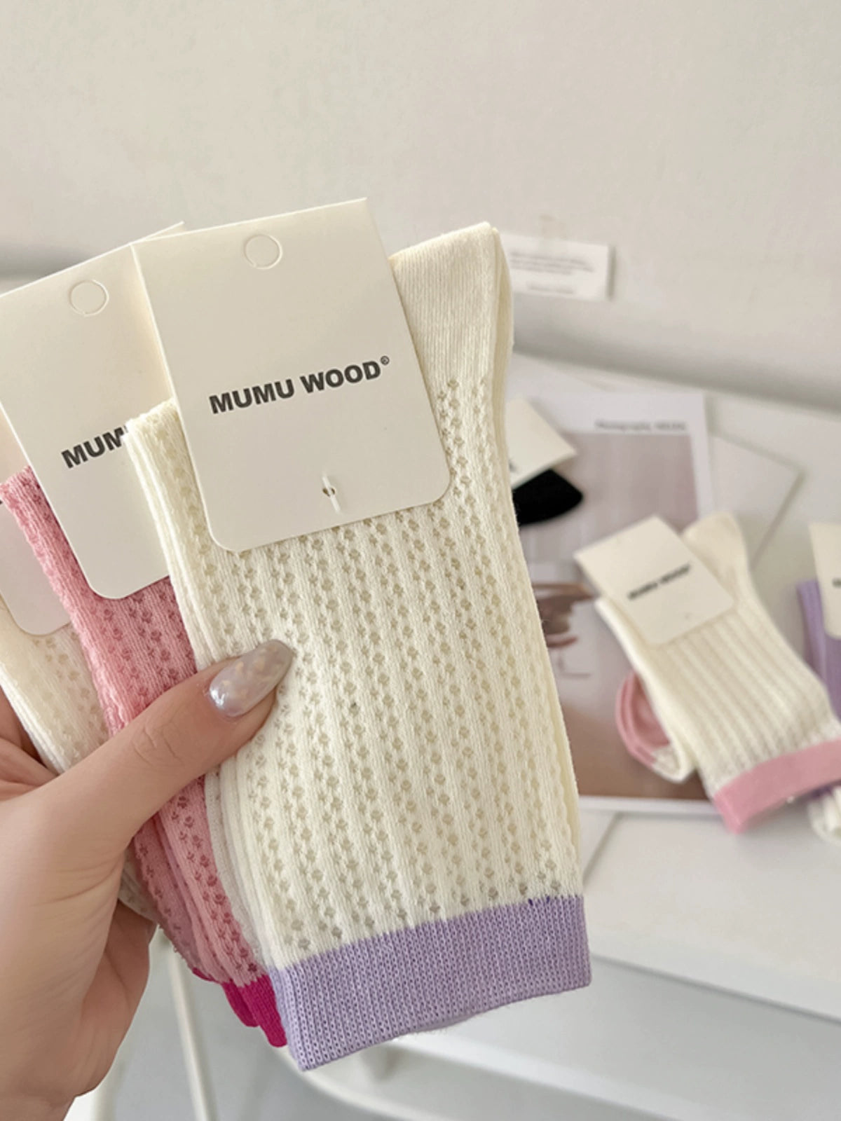 [7 Pairs] Spring and Summer Thin Breathable Hollow Decorative Pure Cotton Mid-Calf with Small White Shoelaces