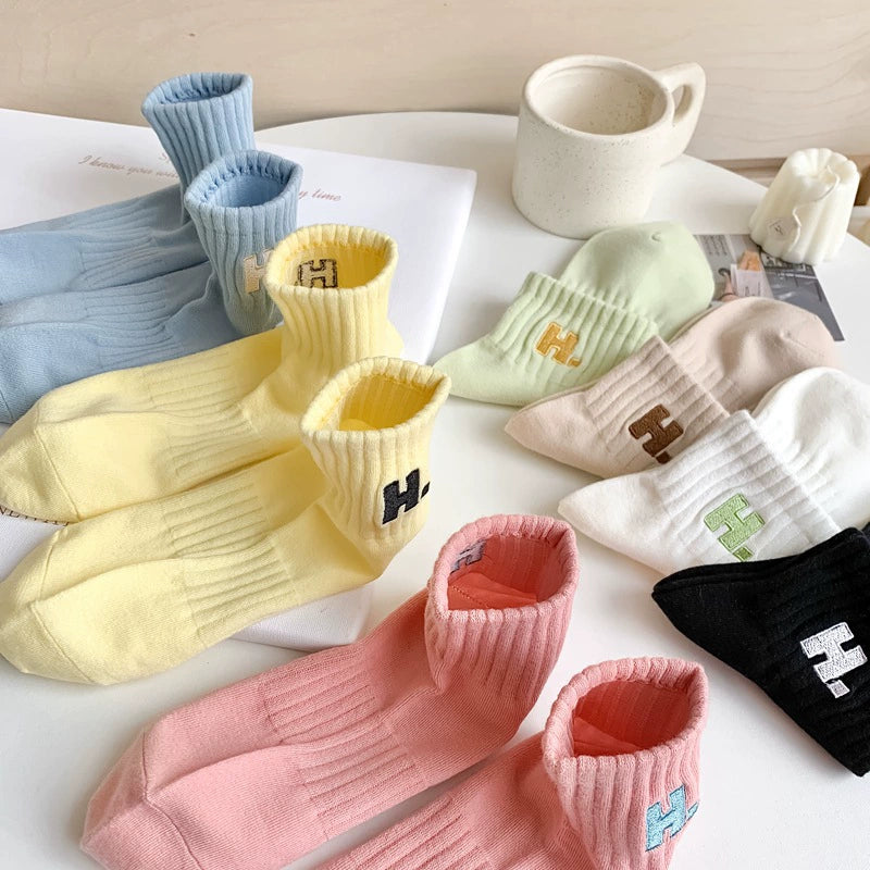 [2 Pairs] Embroidery H. Sports Shallow Mouth Short and Mid-Calf Length Women's Socks All-Match Beautiful Candy Color