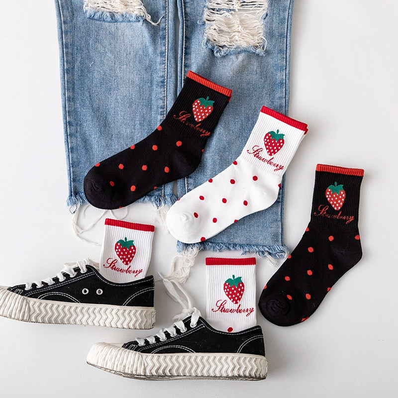 3 Pairs Spring and Summer Thin Mid-Calf Cute Black and White Strawberry Polka Dot South Korea Dongdaemun Same Product