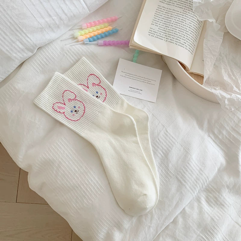 [4 Pairs] Spring and Summer Cute Cartoon White Preppy Style Rabbit Cherry Solid Color Wear