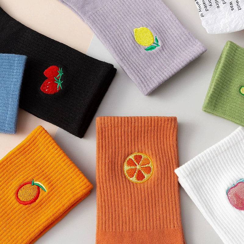 2 Pairs of Rainbow Embroidered Fruit Women's Mid-Calf Cotton White Shoes