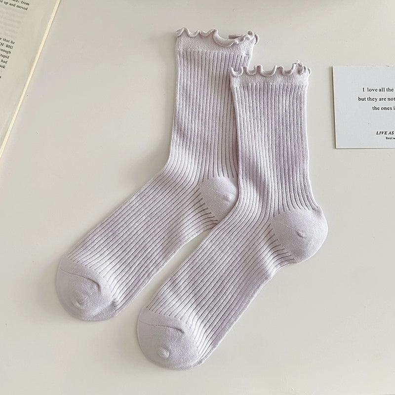 [5 Pairs] Thin Wooden Ear Macaron Color Series Pure Cotton Breathable Thin