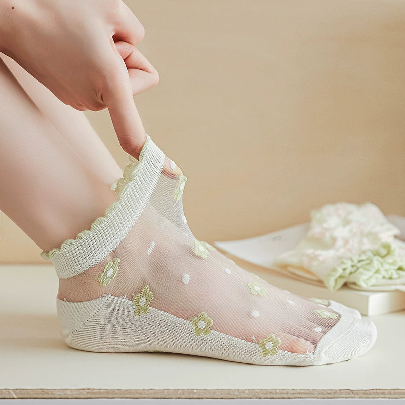 [5 Pairs] Summer Thin Breathable a Little Retro Light Green Simple Lady Wear