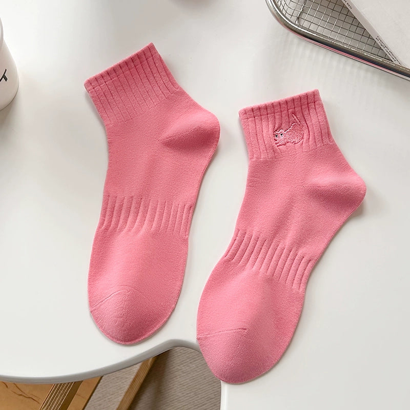 [5 Pairs] Pink Embroidered Cat Purified Cotton Short Tube Spring and Summer New Match Is Very Fresh and Natural