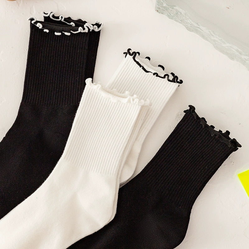 [2 Pairs] JK Black and White Striped Wooden Ear Cotton Spring and Summer Cotton Socks Lace Socks Versatile
