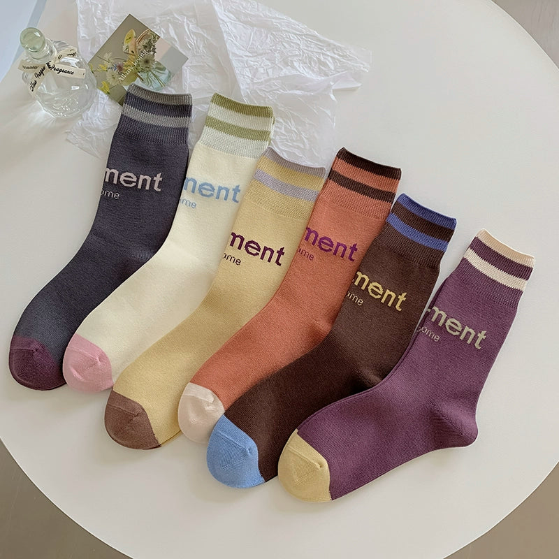 [6 Pairs] Spring and Summer Fashion Letters College Style Simple Pure Cotton Mid-Calf
