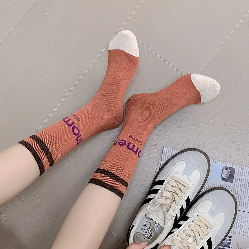 [6 Pairs] Spring and Summer Fashion Letters College Style Simple Pure Cotton Mid-Calf
