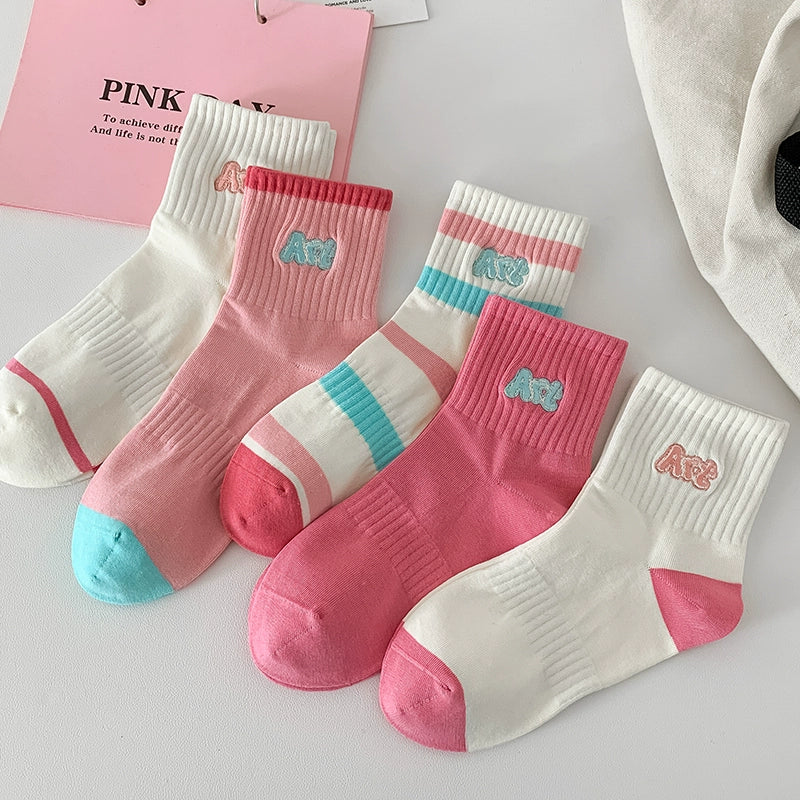 [5 Pairs] Fashion Trend Spring and Summer Thin Breathable Embroidered Pure Cotton Boat Leading Fashion Trend