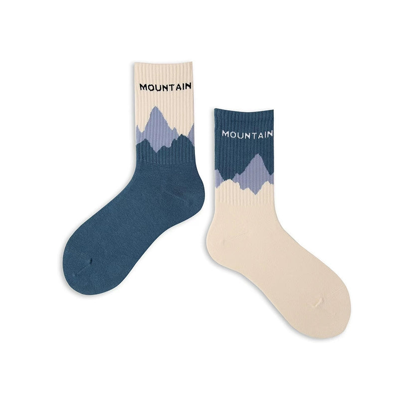 [4 Pairs] Spring Summer Pure Cotton Boneless Sewing Head Men's and Women's Sports Lovers' Socks Snow Mountain Wind Left and Right Feet AB Socks