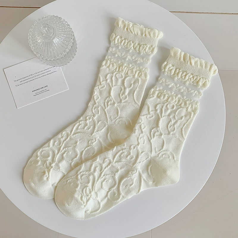 [5 Pairs] Spring and Summer Thin Breathable Girl JK Style Three-Dimensional Relief Small White