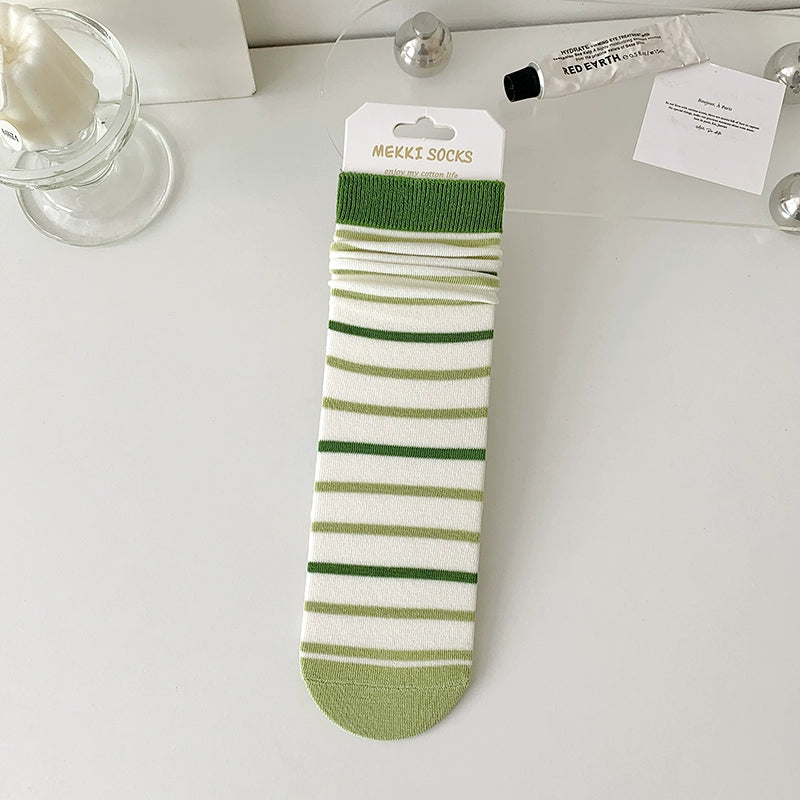 [5 Pairs] Thin Grass Green Series Stripe College Style Flat Sock