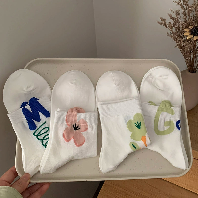 [4 Pairs] Spring and Summer Thin Combed Cotton Socks Mouth Japanese Fashion Letters Girlish Style Full