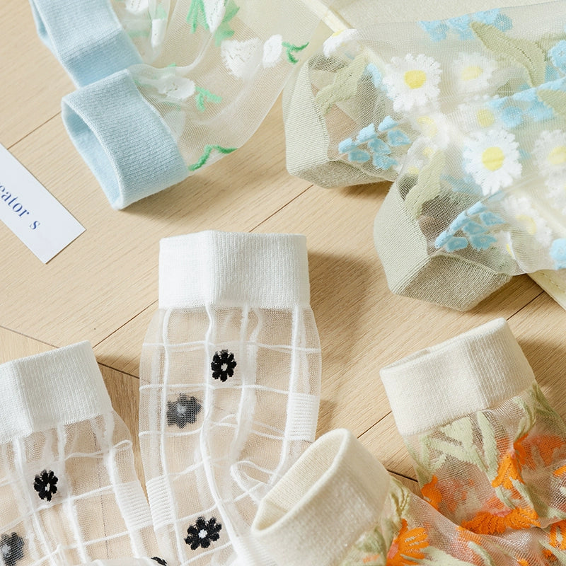 [4 Pairs] Summer Thin Kanekalon Tube Socks Flowers Bloom with Vitality