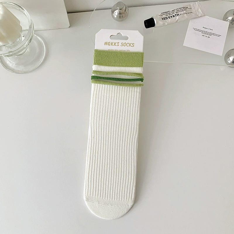 [5 Pairs] Thin Grass Green Series Stripe College Style Flat Sock