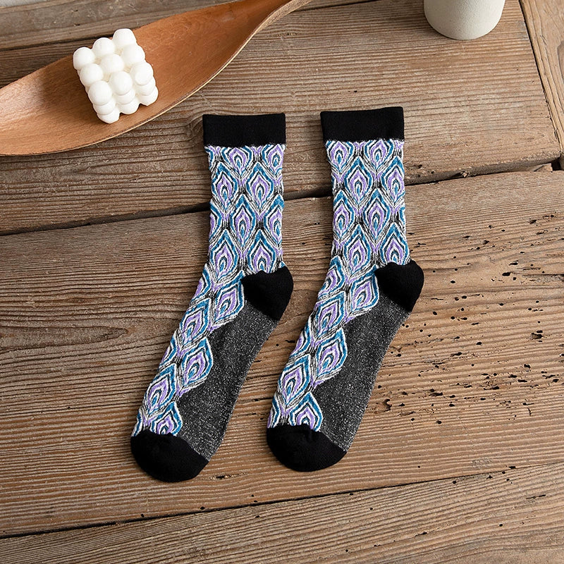 [2 Pairs] Spring and Summer Retro Peacock Feather Is Very Nice Tube Socks