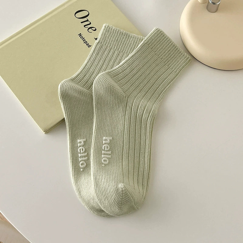 [5 Pairs] Spring and Summer Thick Thread Hot Stamping Macaron Fresh South Korea Cream Color Female Middle Tube Socks
