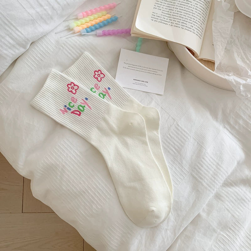 [4 Pairs] Spring and Summer Cute Cartoon White Preppy Style Rabbit Cherry Solid Color Wear