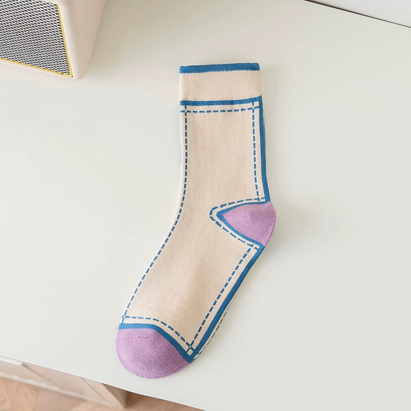 [5 Pairs] Pure Cotton Spring and Summer Color Virtual Pocket Picture Women's Thin Socks Looks Very Fashionable