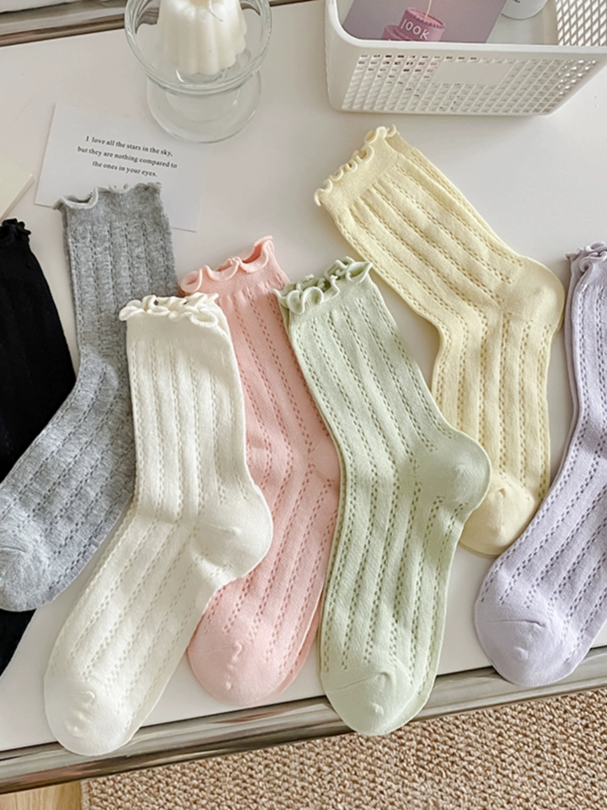 [5 Pairs] Summer Breathable Solid Color Mesh Preppy Style Fungus Fragrance