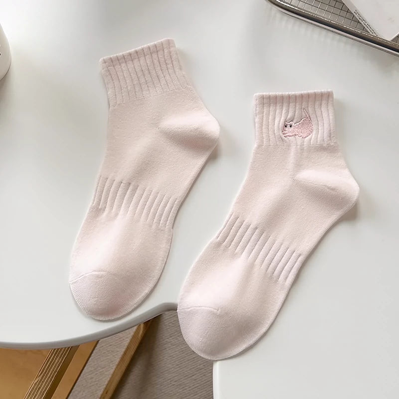 [5 Pairs] Pink Embroidered Cat Purified Cotton Short Tube Spring and Summer New Match Is Very Fresh and Natural