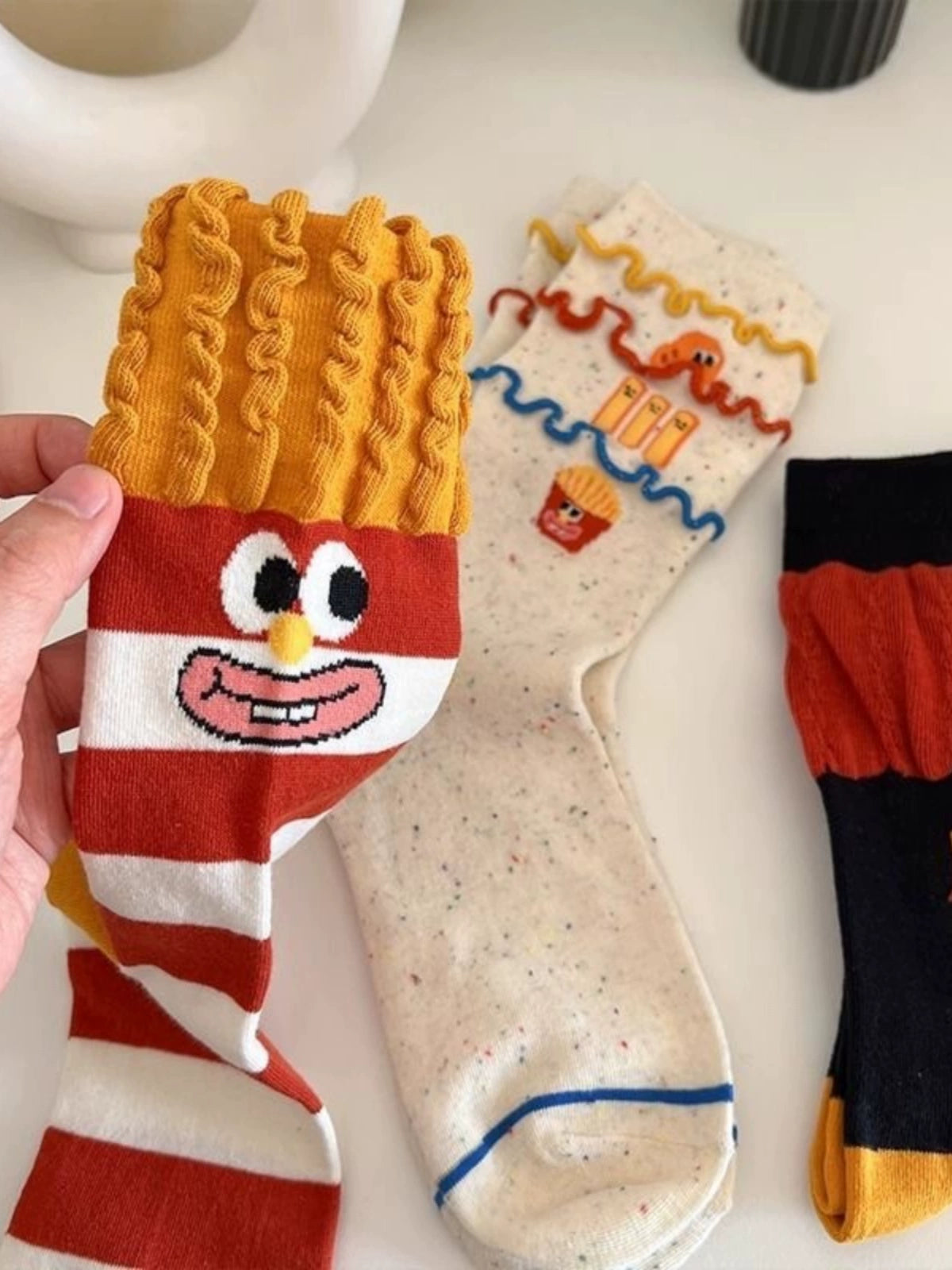 [3 Pairs] Spring Summer Pure Cotton Thin Funny French Fries Street All-Match Cute Fashion