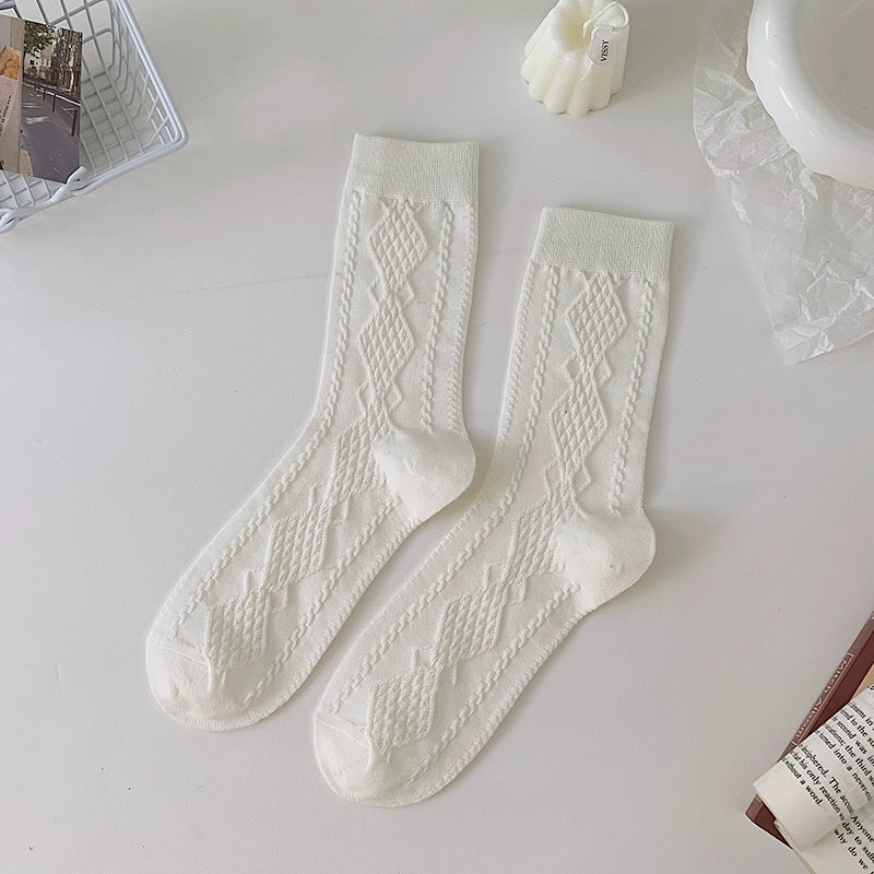 [2 Pairs] Spring and Summer Twist Thin Pure Cotton 3D Rhombus Stripe Socks