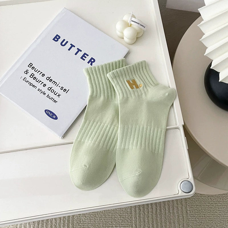 [2 Pairs] Embroidery H. Sports Shallow Mouth Short and Mid-Calf Length Women's Socks All-Match Beautiful Candy Color