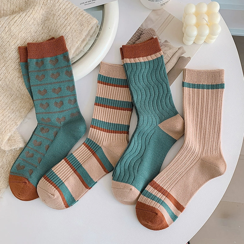 [4 Pairs] Sorry I'm Late, Girl Spring and Summer Double Needle All-Match College Style Mid-Calf