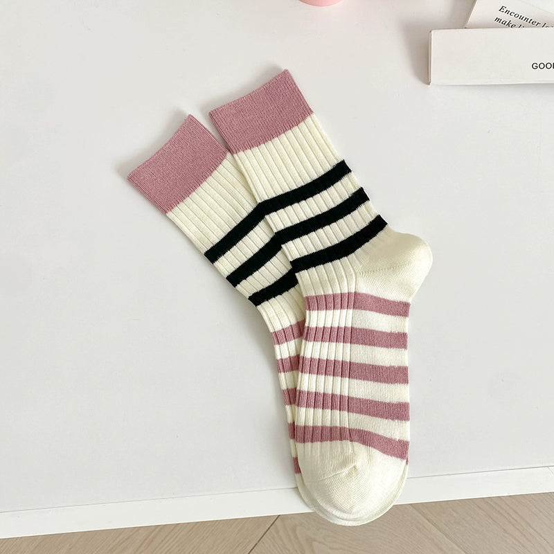[5 Pairs] Pure Cotton Double Needle Simple All-Match Girl Tube Socks