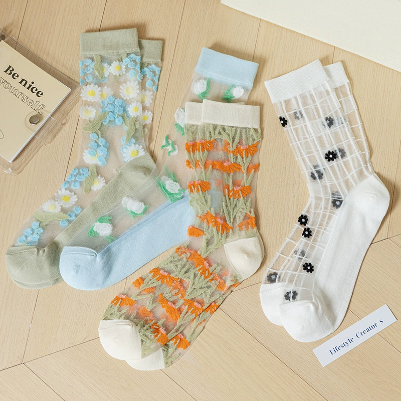 [4 Pairs] Summer Thin Kanekalon Tube Socks Flowers Bloom with Vitality