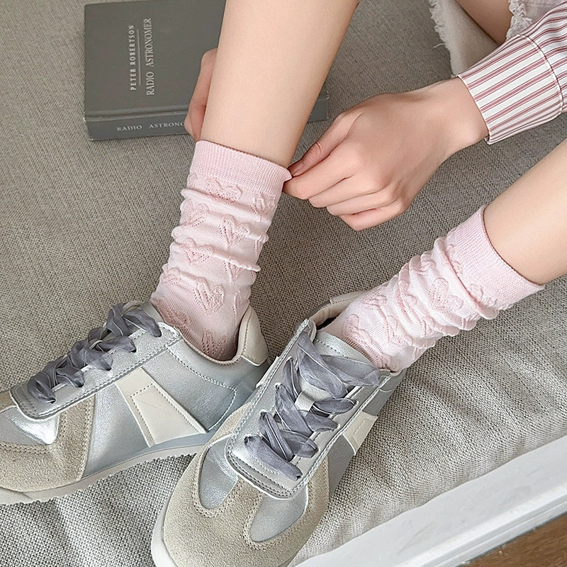 [5 Pairs] Spring and Summer Embossed Plain Thin College Style Love Little Bit More Wear