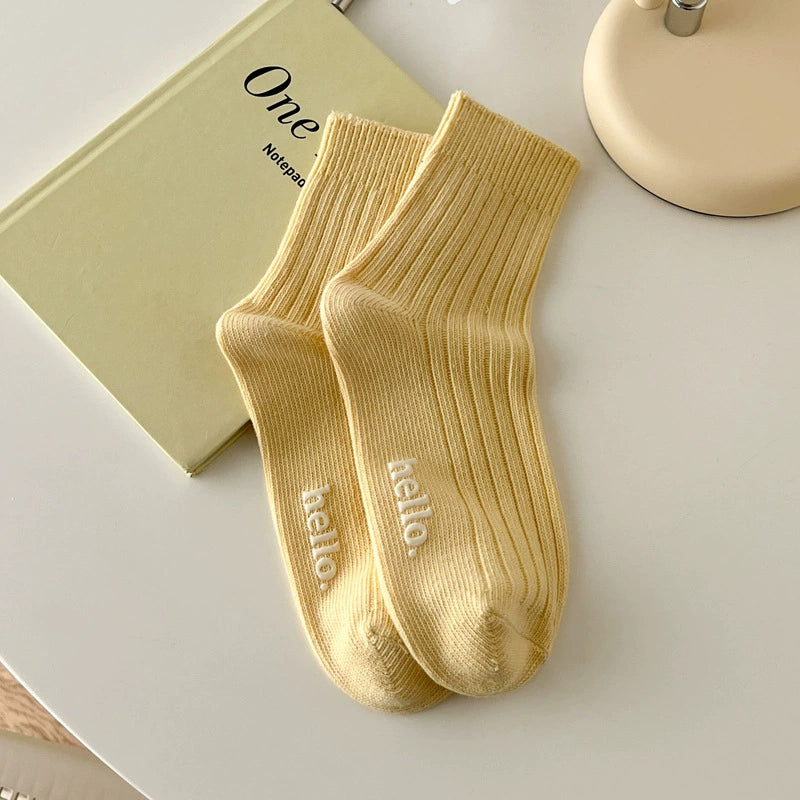 [5 Pairs] Spring and Summer Thick Thread Hot Stamping Macaron Fresh South Korea Cream Color Female Middle Tube Socks