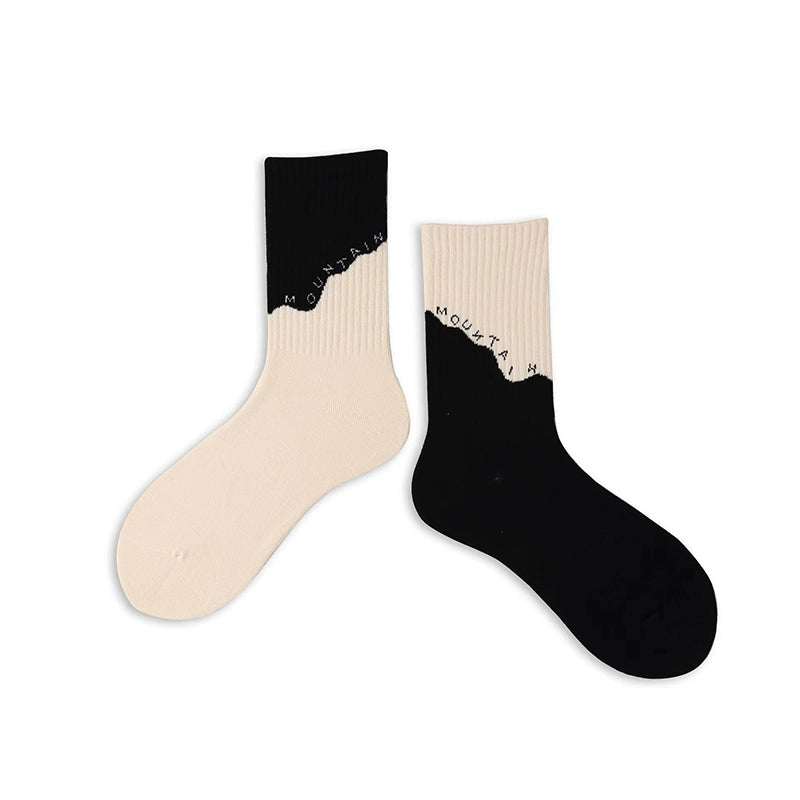 [4 Pairs] Spring Summer Pure Cotton Boneless Sewing Head Men's and Women's Sports Lovers' Socks Snow Mountain Wind Left and Right Feet AB Socks