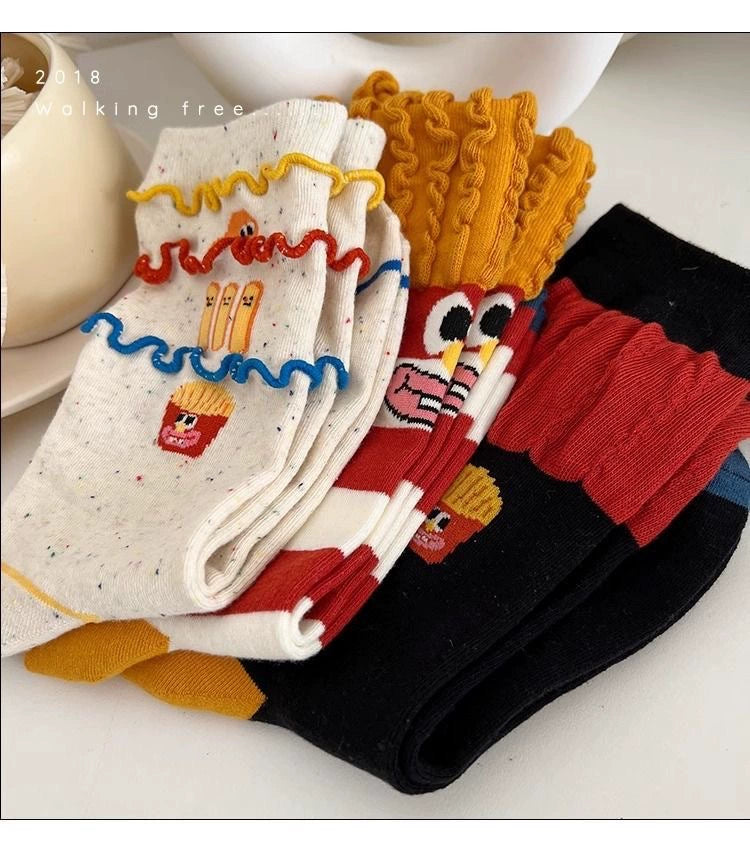 [3 Pairs] Spring Summer Pure Cotton Thin Funny French Fries Street All-Match Cute Fashion