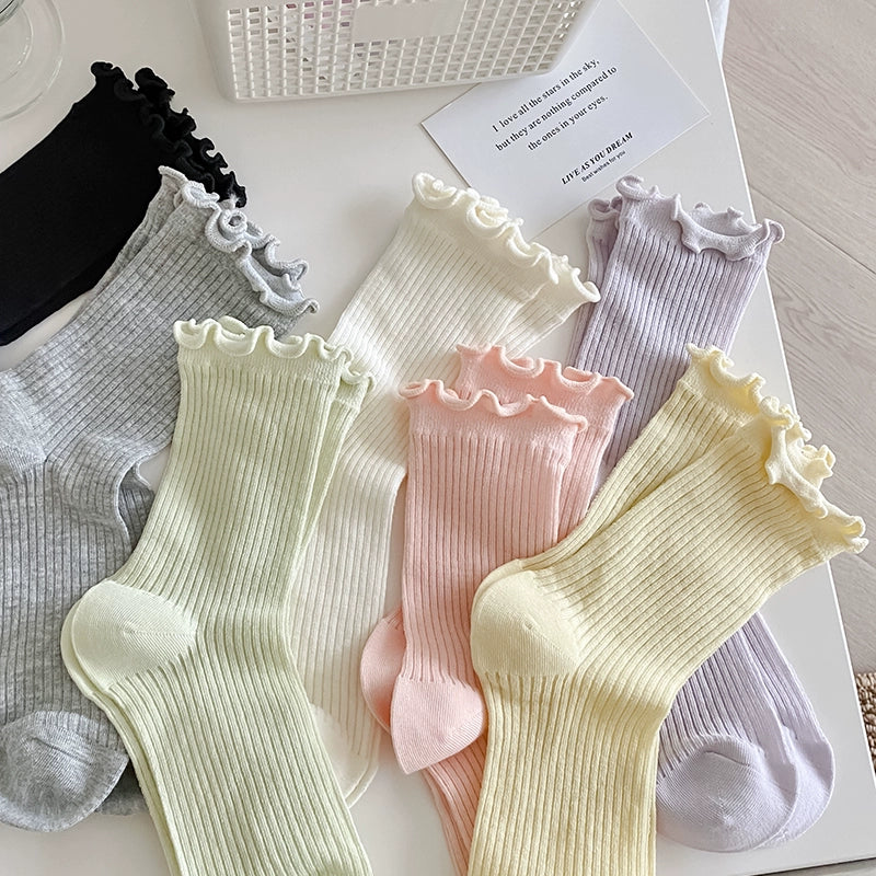 [5 Pairs] Thin Wooden Ear Macaron Color Series Pure Cotton Breathable Thin