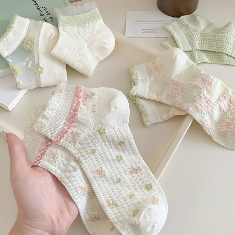 [5 Pairs] Summer Thin Breathable a Little Retro Light Green Simple Lady Wear