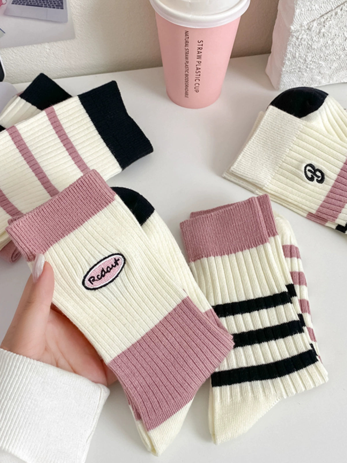 [5 Pairs] Pure Cotton Double Needle Simple All-Match Girl Tube Socks