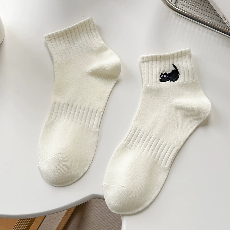 [5 Pairs] Pink Embroidered Cat Purified Cotton Short Tube Spring and Summer New Match Is Very Fresh and Natural